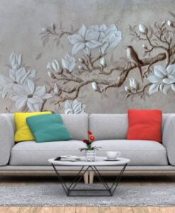 Floral Cement Birds Wallpaper Mural