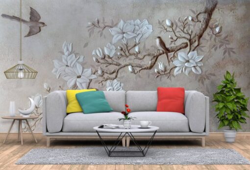 Floral Cement Birds Wallpaper Mural
