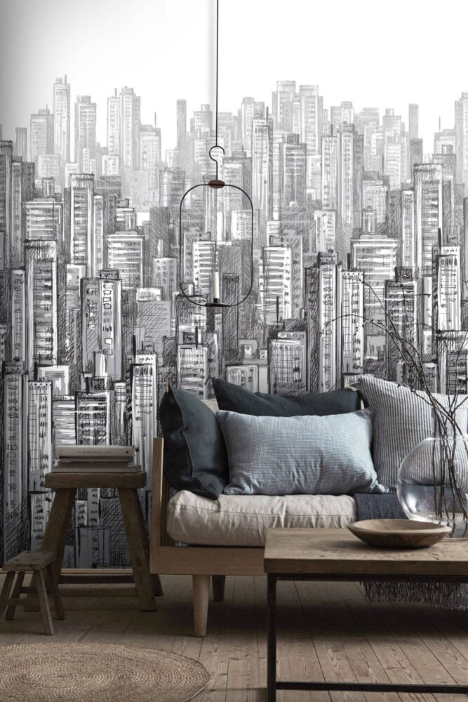 Black & White Cityscape Wallpaper Mural | Silk Interiors Wallpaper ...
