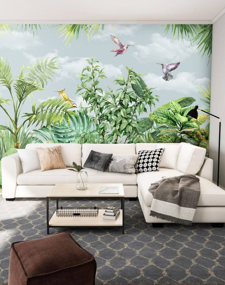 Colorful Tropic Trees Birds Wallpaper Mural