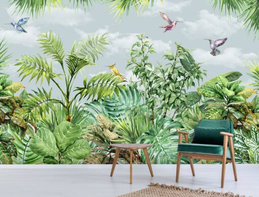 Colorful Tropic Trees Birds Wallpaper Mural
