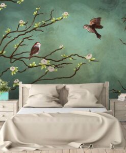 Birds On Tree Brances Flowers Wallpaper Mural