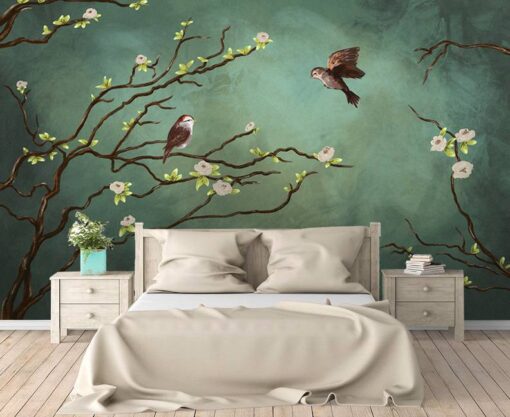 Birds On Tree Brances Flowers Wallpaper Mural