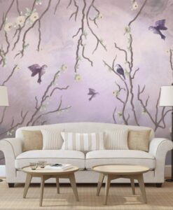 Purple Tones Birds Apricot Tree Wallpaper Mural