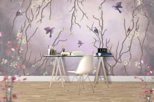 Purple Tones Birds Apricot Tree Wallpaper Mural