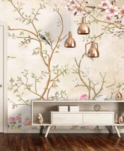 Pastel Colors Birds And Flowers Wallpaper Mural