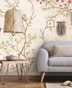 Pastel Colors Birds And Flowers Wallpaper Mural
