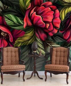 Green And Red Tones Floral Wallpaper Mural