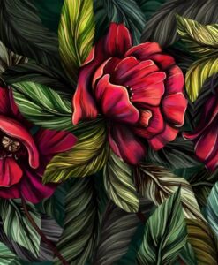 Green And Red Tones Floral Wallpaper Mural