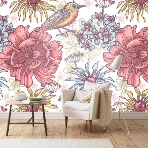 Big Flowers and Birds Wallpaper Mural