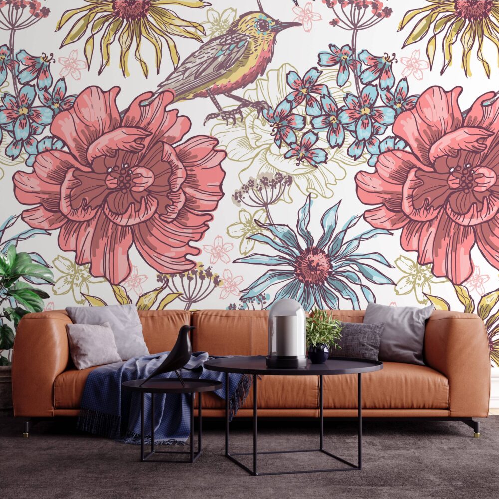 Big Flowers and Birds Wallpaper Mural