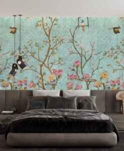 Blue Tones Flowers and Birds Wallpaper Mural