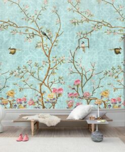 Blue Tones Flowers and Birds Wallpaper Mural