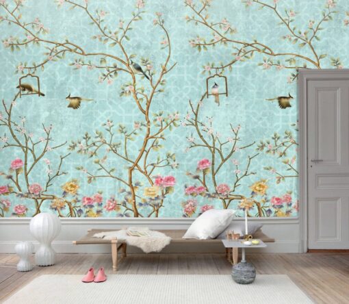 Blue Tones Flowers and Birds Wallpaper Mural