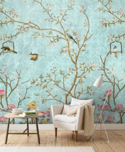 Blue Tones Flowers and Birds Wallpaper Mural