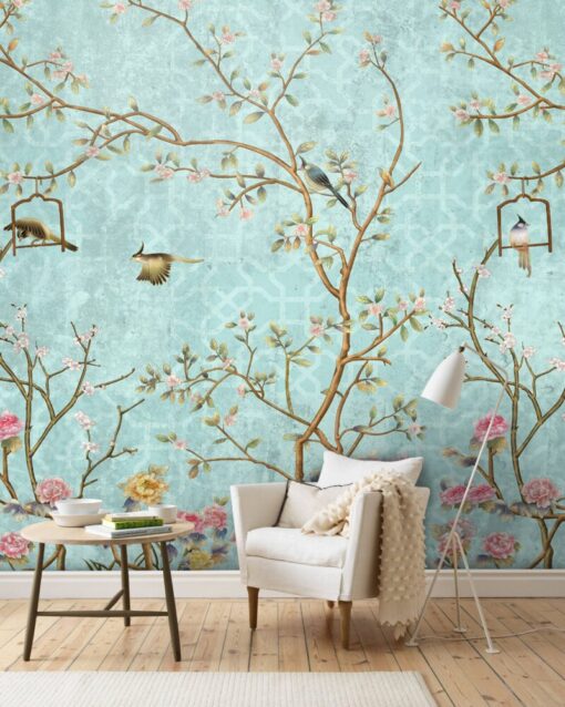 Blue Tones Flowers and Birds Wallpaper Mural