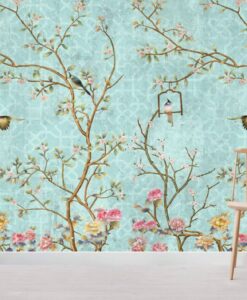 Blue Tones Flowers and Birds Wallpaper Mural