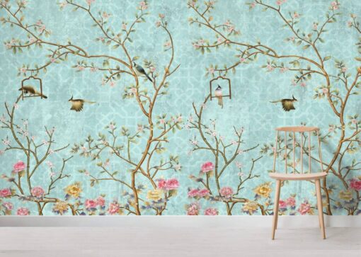 Blue Tones Flowers and Birds Wallpaper Mural