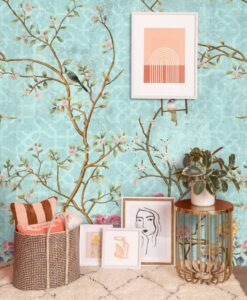 Blue Tones Flowers and Birds Wallpaper Mural