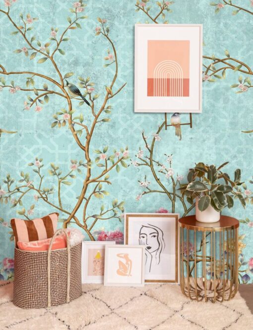 Blue Tones Flowers and Birds Wallpaper Mural