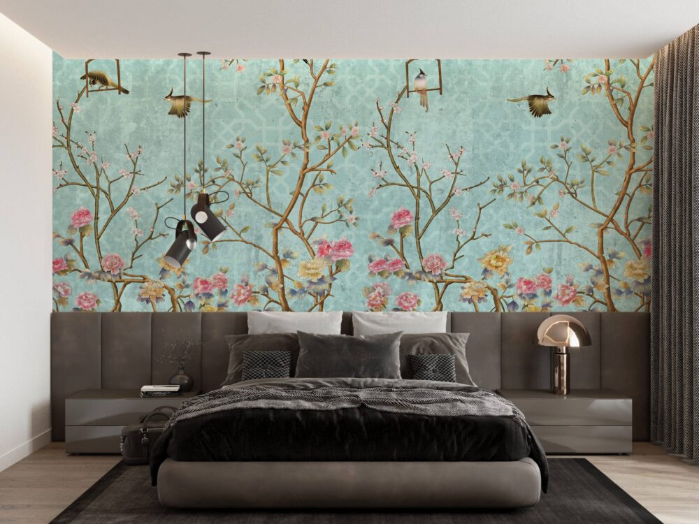 Blue Tones Flowers and Birds Wallpaper Mural