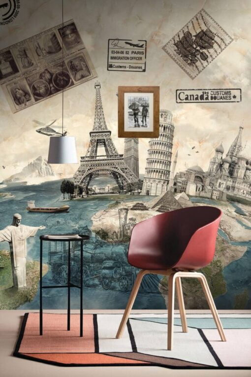Wonders World With Post Cards Wallpaper Mural