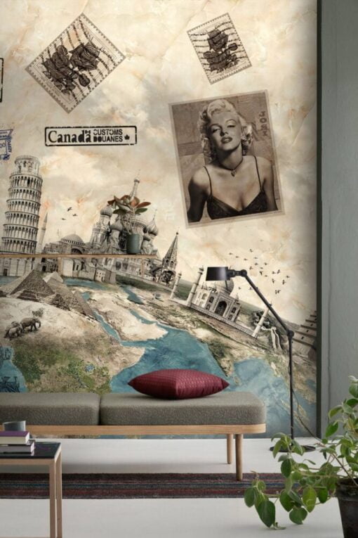 Wonders World With Post Cards Wallpaper Mural