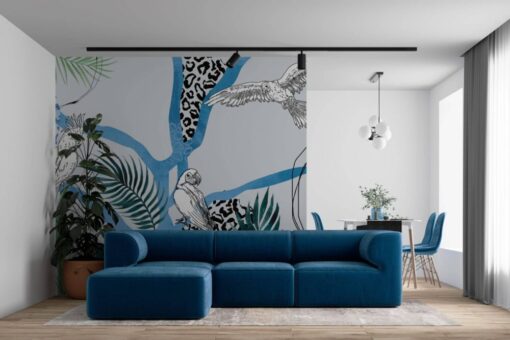 Parrots on a Blue Tree Wall Wallpaper Mural