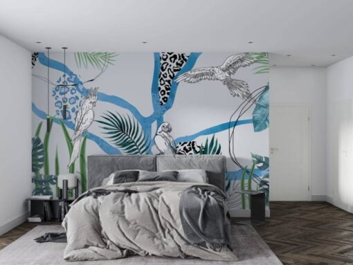 Parrots on a Blue Tree Wall Wallpaper Mural