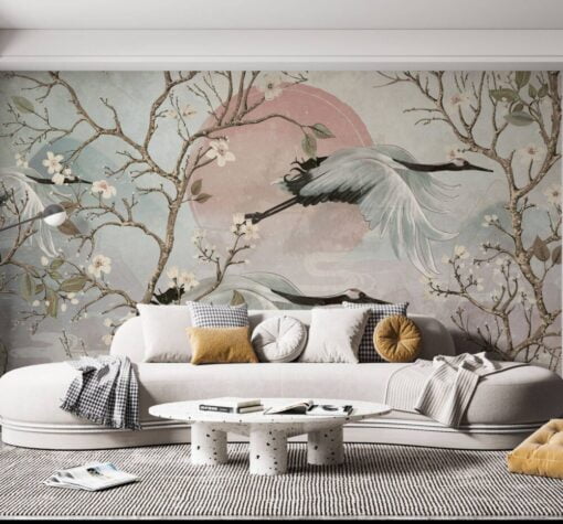 Branches Cranes Flying Sunrise Wallpaper Mural