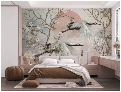Branches Cranes Flying Sunrise Wallpaper Mural