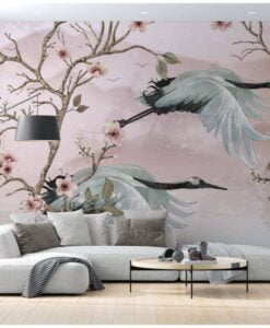 Floral Branches Cranes Flying Wallpaper Mural