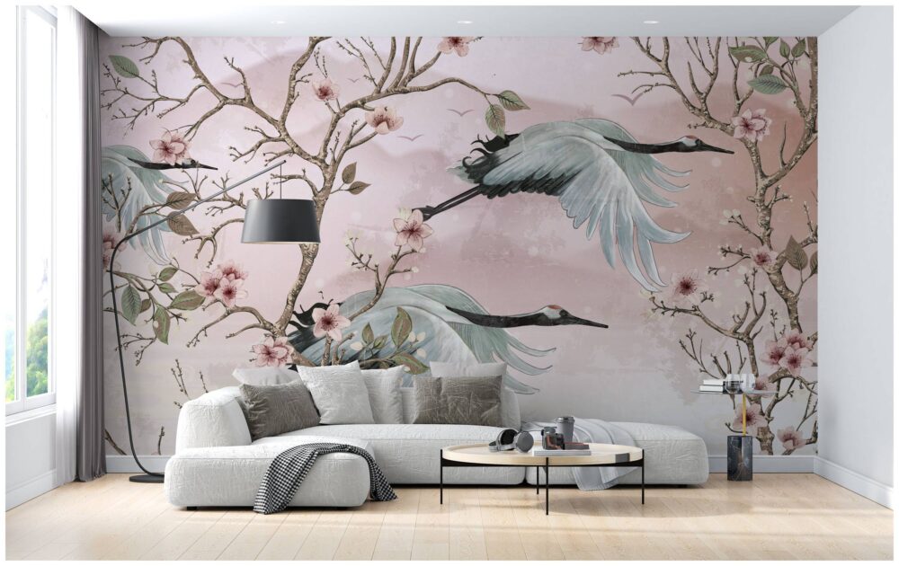 Floral Branches Cranes Flying Wallpaper Mural