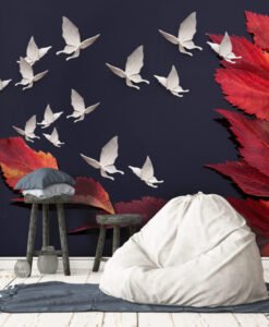 3D Looking Red Leaf Birds Wallpaper Mural