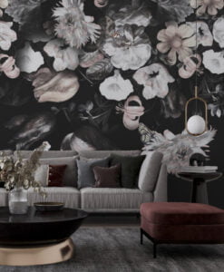 Soft Flowers Black Background Wallpaper Mural