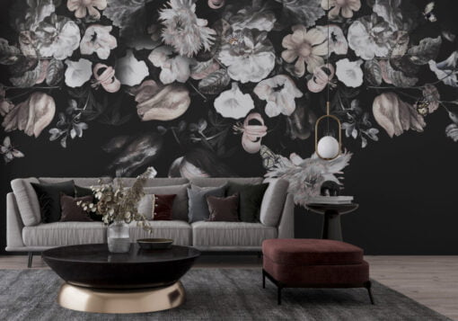 Soft Flowers Black Background Wallpaper Mural