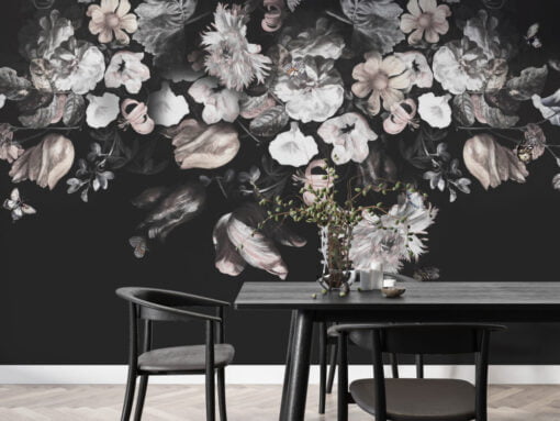 Soft Flowers Black Background Wallpaper Mural