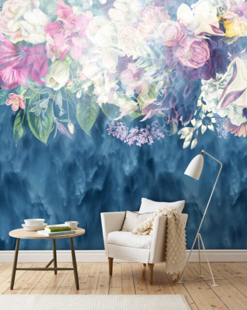 Blue Color Hanging Flowers Wallpaper Mural