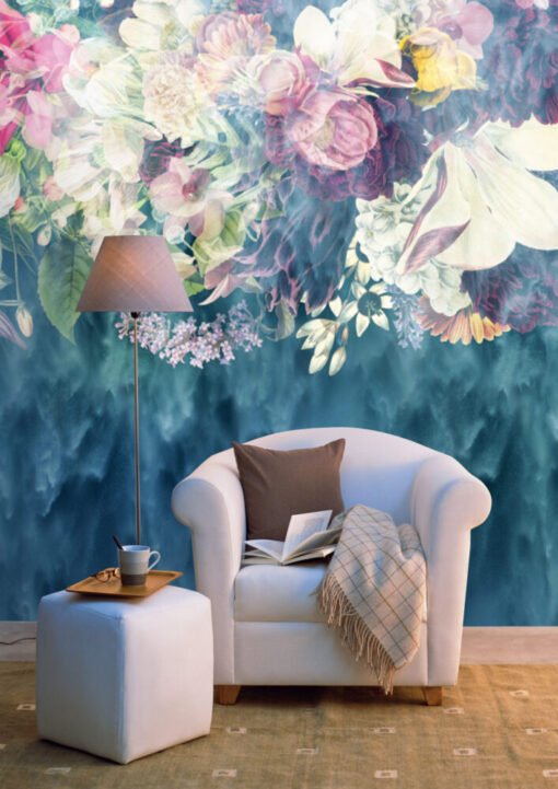 Blue Color Hanging Flowers Wallpaper Mural