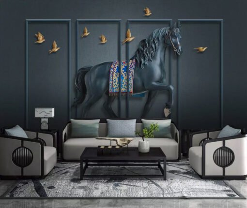 Horse and Birds in Slats 3D Wallpaper Mural
