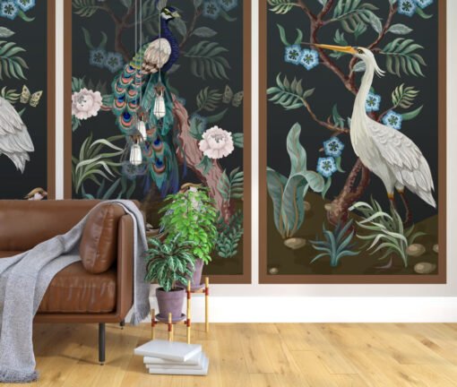 Crane and Peacocks Frame Wallpaper Mural