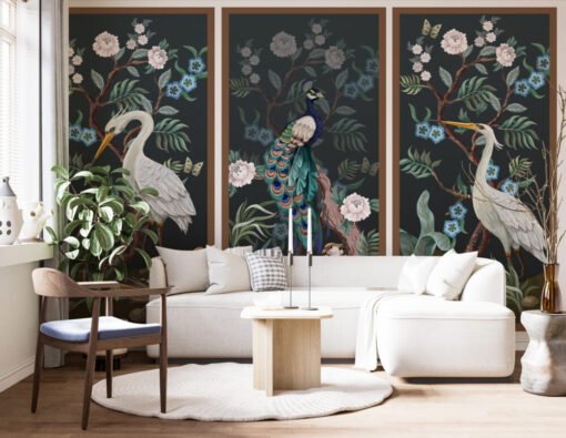 Crane and Peacocks Frame Wallpaper Mural