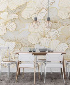 Gold Color Linear Lotus Flowers Wallpaper Mural