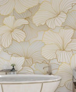 Gold Color Linear Lotus Flowers Wallpaper Mural