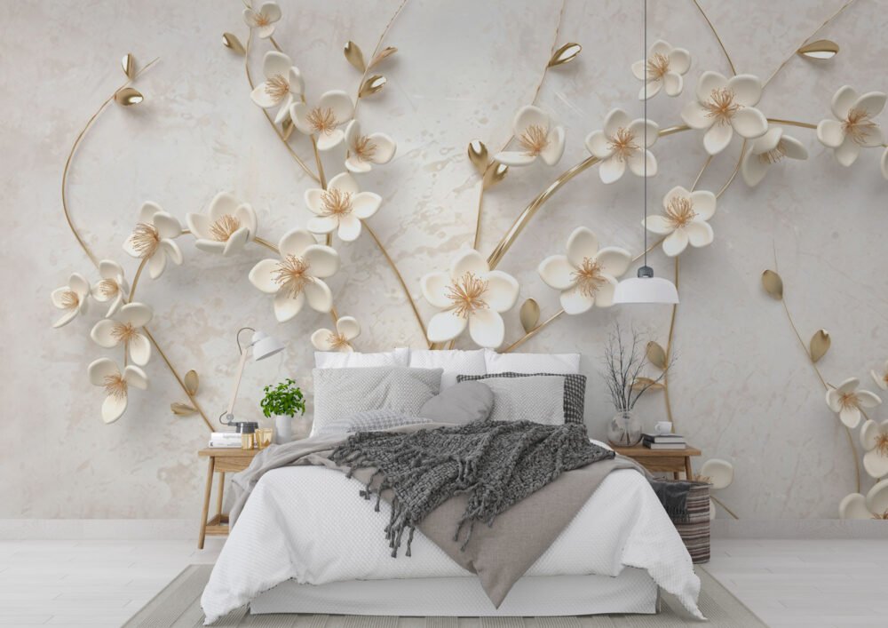 Gold Detailed White Flower Wallpaper Mural