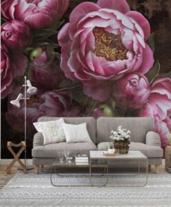 Pink Tumbled Dark Flowers Wallpaper Mural
