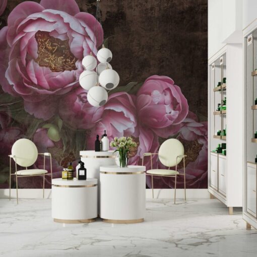 Pink Tumbled Dark Flowers Wallpaper Mural