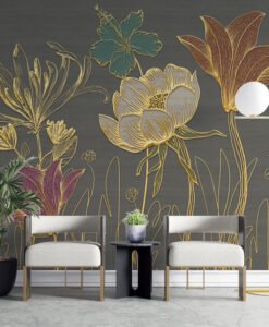 Gold Gray Big Flowers 3D Wallpaper Mural