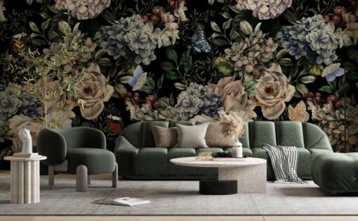 Dark Butterflies and Roses Wallpaper Mural