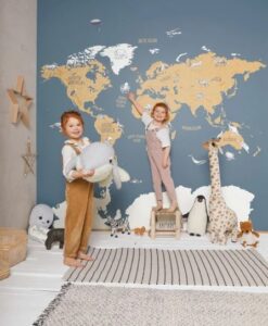 Our Planet World Map Wallpaper in Blue/Beige